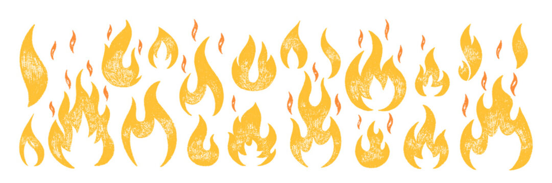 Collection of hand drawn fire flames with crayon, pastel, chalk or pencil texture. Grunge elements in sketch style. Yellow vector illustration isolated on a white background.