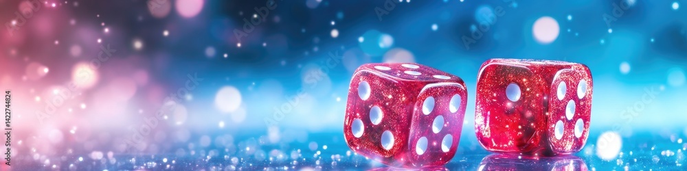 Poster illuminated red dice pair on reflective surface with bokeh lights abstract background represents gam