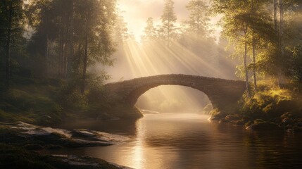Sunlight streams through a misty forest bridge over a tranquil river.