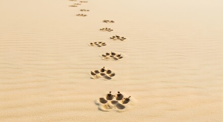 Dog footprints in the sand leading into the distance on a sunny day