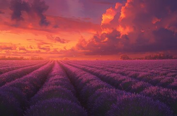 Obraz premium Vibrant sunset over a vast lavender field.