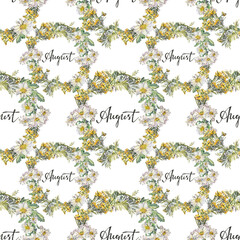 Watercolor seamless pattern with circle frame with wildflower. Wreath of flower chamomile and tansy on white background. Banner template with lettering August for calendar. Wrapping or wallpaper