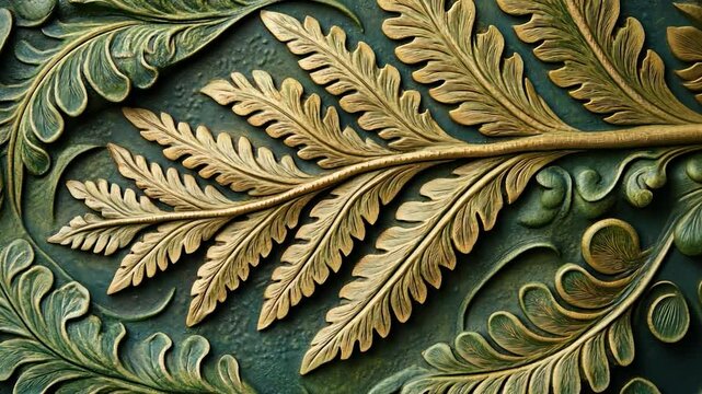 Ornate Gold and Green Fern Carving Detail, Decorative Panel