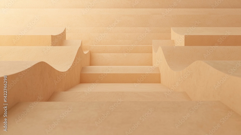 Poster a minimalist perspective of flowing, wavy steps in soft beige tones, creating a serene and abstract 