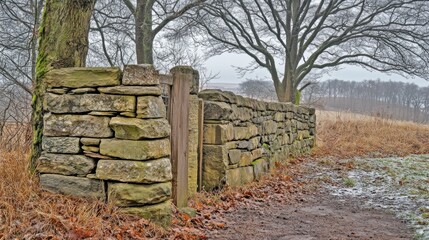 Rustic stone wall with gate in a winter landscape.
