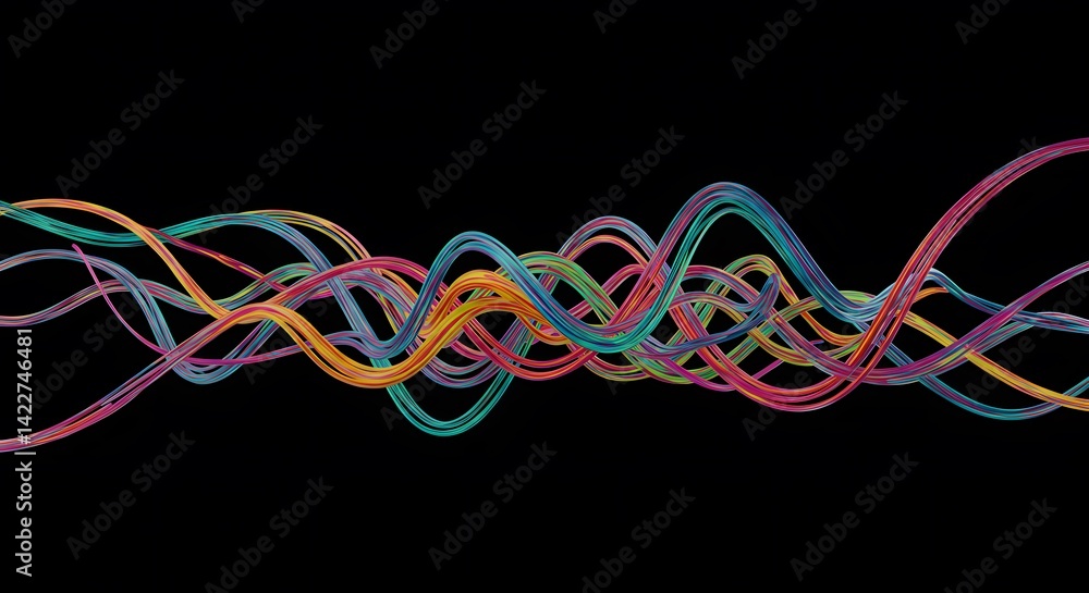 Aufkleber abstract colorful waves digital art: intertwined vibrant ribbons flowing dynamically across a dark b