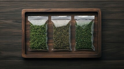 Three bags of dried herbs are arranged on a wooden tray, showcasing a variety of green shades and textures on a dark wooden surface.