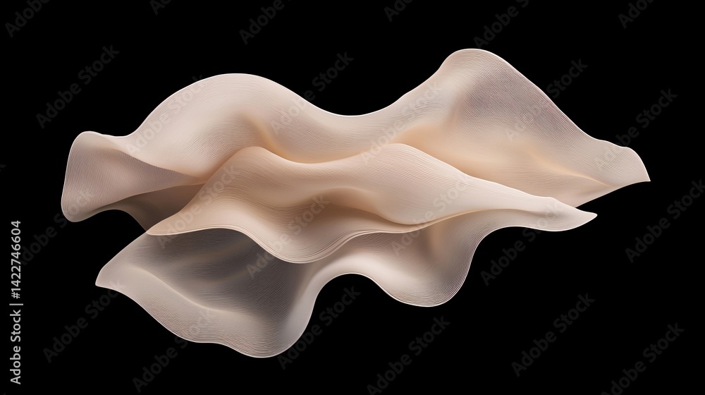 Poster a smooth, flowing sculpture with soft curves and a light beige color, set against a dark background,