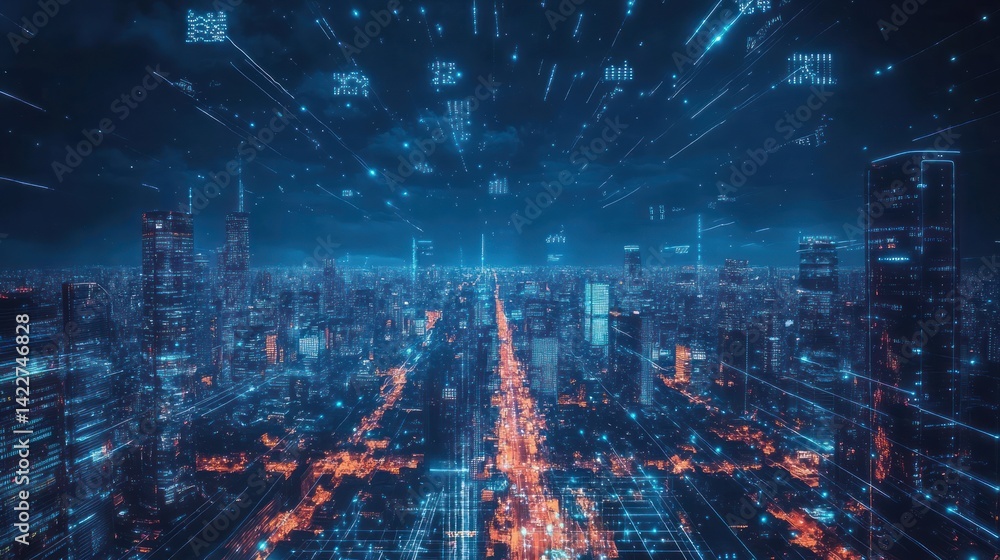 Poster futuristic cityscape with a network of digital information flowing through it