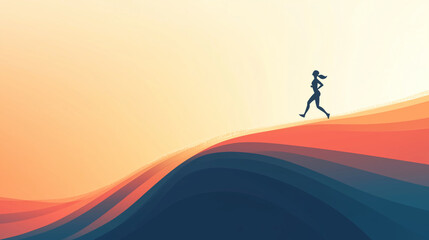 runner in silhouette gracefully jogs along vibrant, wavy landscape at sunset, embodying freedom and determination
