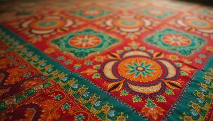 Intricate textile design featuring rich, warm tones and elaborate floral and geometric patterns.