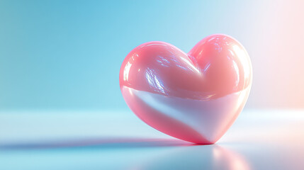 Obraz premium A dreamy 3D pink heart with soft curves, set against a light blue gradient background. Perfect for Valentine’s Day, this whimsical design evokes romance and joy in delicate pastel tones