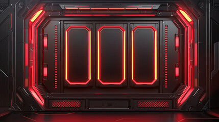 Dark sci fi corridor with futuristic metal doorway, illuminated by glowing red neon lights and high tech panel details