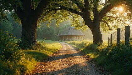 Naklejka premium Enchanting Thatched Cottage Beckons Down a Sun-Kissed Dirt Path, Framed by Ancient Trees in Early Morning Light