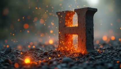 Metallic Letter H on Rocky Ground with Glowing Embers