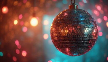 Obraz premium Dazzling Disco Ball Reflecting Colorful Bokeh Lights, Creating a Festive and Nostalgic Atmosphere