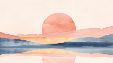 serene landscape featuring large, soft pink sun rising over gentle hills, reflecting beautifully calm body of water. pastel colors create tranquil