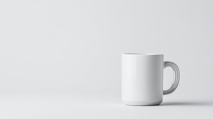 Fototapeta premium A white ceramic mug standing on a plain white surface, minimalistic composition with soft lighting, and modern and clean design concept.