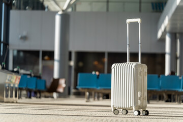 Travel, The suitcases in an empty airport hall, traveler cases in the departure airport terminal...