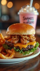 Tempting burger with onion rings, cheese, lettuce, fries, and a milkshake on a restaurant table, illuminated by bokeh lights.