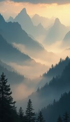Obraz premium Serene Mountain Valley Landscape with Fog and Misty Forest at Sunrise or Sunset, Atmospheric View