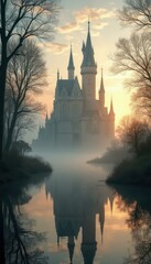 Naklejka premium Majestic castle reflected in tranquil waters, surrounded by bare trees, bathed in soft sunset light