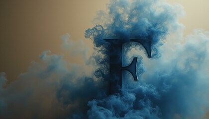 Letter F engulfed in smoky blue wisps, 3D rendering on gradient tan background, perfect for impactful branding or mysterious creat
