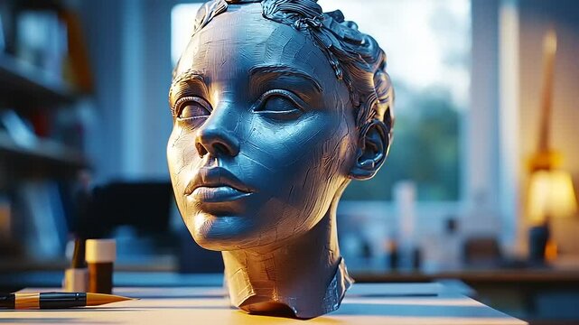 Artistic Creation: Close-Up of a Sculpted Female Head in an Atelier Setting