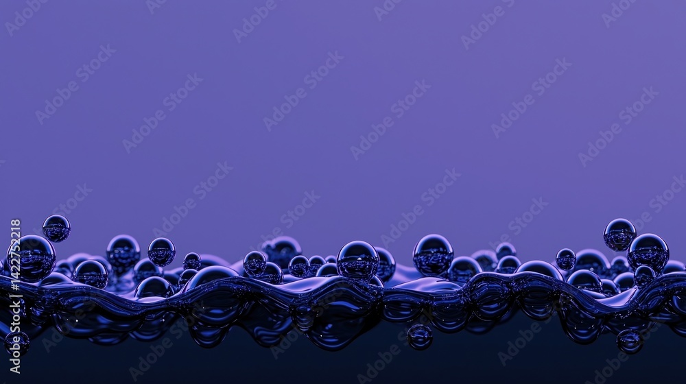 Poster a serene image of floating bubbles on a reflective surface, with a calming purple hue in the backgro