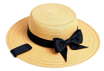 A classic straw boater hat, adorned with a sleek black bow, isolated on a pure white background, beach hat, vacation