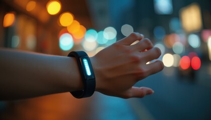 Arm with Fitness Tracker Displaying Blue Lights against Night City Bokeh Background