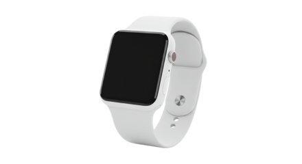 A close up shot of a white smart watch with a black screen on a black background in a studio setting