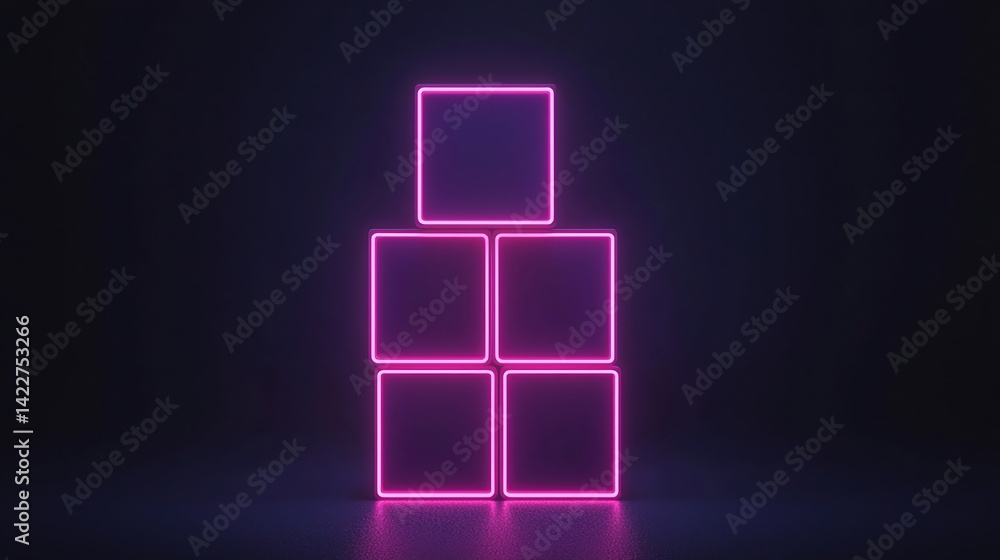 Poster a stack of glowing pink neon squares against a dark background, creating a modern and digital aesthe