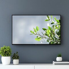 Television is mounted on a wall with a leafy green plant in a pot on a table