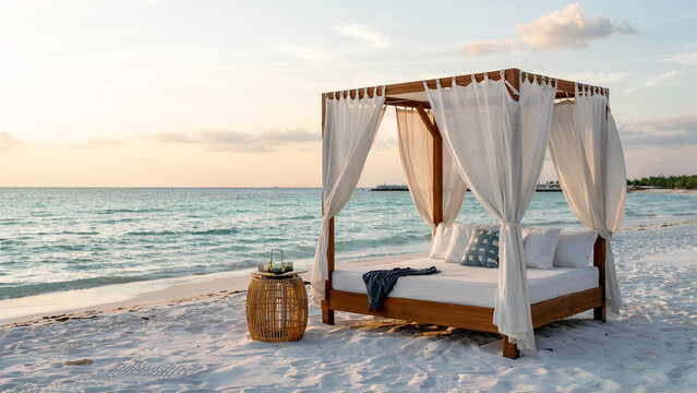 Luxurious canopy bed on tropical beach at sunset, representing vacation and relaxation