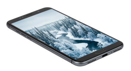 A smartphone displaying a winter landscape with snow covered trees and a river on its screen display