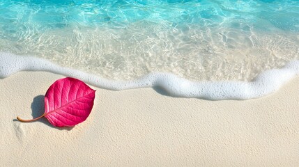 Obraz premium Colorful Leaf on Sandy Beach with Gentle Ocean Waves