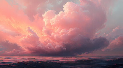 Naklejka premium A dense and richly detailed pink cloud hovers and swells across a clear horizon, embodying the artistic portrayal of natural elegance and ethereal charm. Thought Swell. Illustration