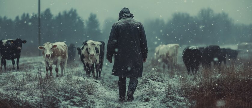 A person walks through a snowy field with several cows