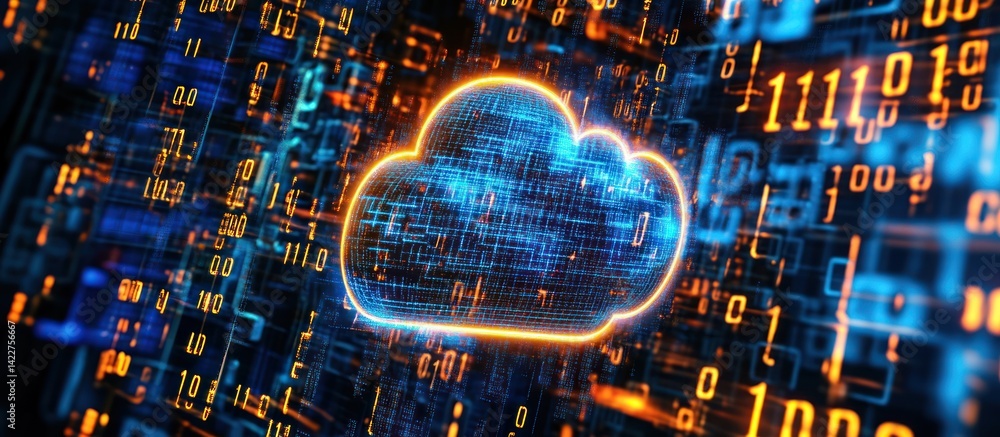 Poster digital cloud technology concept with glowing neon and binary code overlay