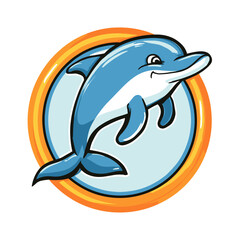 Smiling dolphin graphic in a circular design.