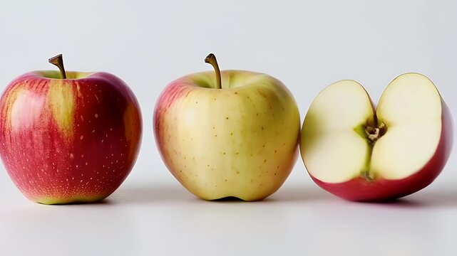 Row of Three Apples Whole and Halved Displayed on White Surface Featuring Red Yellow and White Colors Perfect for Decoration