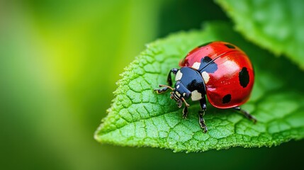 Fototapeta premium Ladybug on a Leaf: A Close-Up Macro Shot