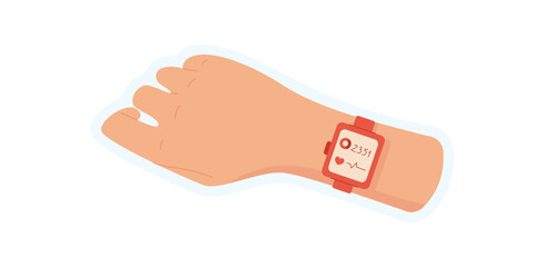 Sticker of hand holding watch. Mobile device displays app on screen. Technology concept, cartoon graphic style, suitable for media or digital communication purposes.