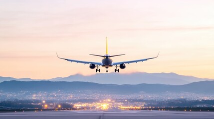 Airplane Landing Gear Down Scenic Sunset Style High-resolution Wide Angle View Approaching Runway Cityscape Background Warm Golden Hues Perfect for Travel Ads
