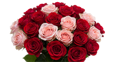 A beautiful bouquet of red and pink roses arranged closely together on a black background with green leaves