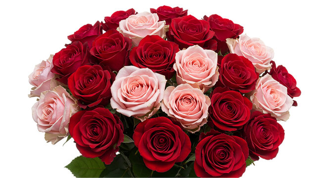 A beautiful bouquet of red and pink roses arranged closely together on a black background with green leaves