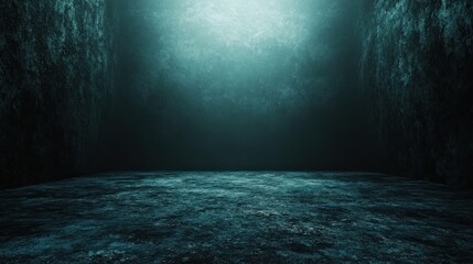 Mysterious teal cavern interior with rocky floor.