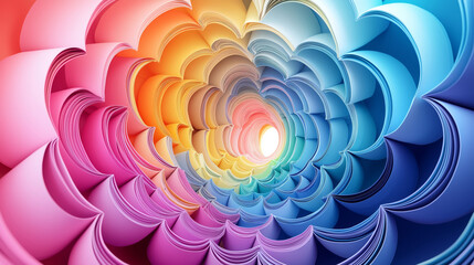Colorful paper swirls create mesmerizing tunnel effect, showcasing vibrant hues and intricate patterns that evoke sense of wonder and creativity