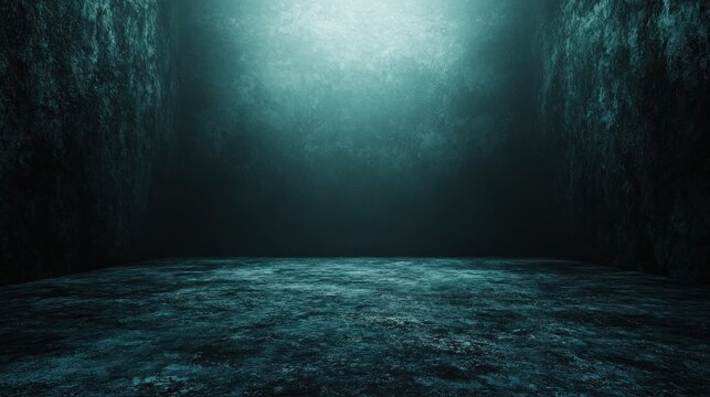 Mysterious teal cavern interior with rocky floor.